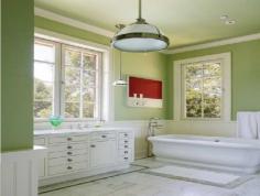 Simple Green Bathroom Design with White Cabinets and Bathhtub