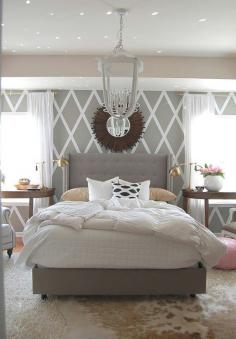 Cool walls, chandelier, and a great mirror. Calming greys and whites are great for bedroom colors!  #design #interiordesign #decor