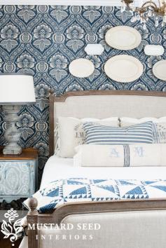 Love the Stoneware plates on the bold wallpaper.  Great job by Miss Mustard Seed Blog.