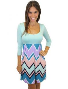 Mint Chevron Bottom Dress with 3/4 Sleeves