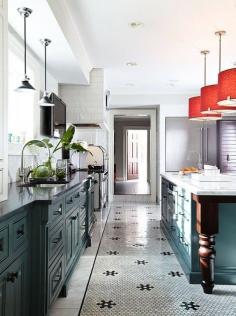 Long, but fun beach-color kitchen.
