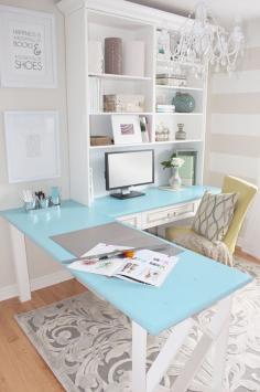 pretty office - love the blue tabletops