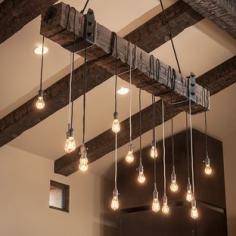 Houzz - Home Design, Decorating and Remodeling Ideas and Inspiration, Kitchen and Bathroom Design...love the beam & modern lighting. This would be cool over a long barnwood table