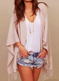 Sexy cut off blue jeans shorts, street style, white tank, and fringe wrap. Tiny long gold chain ties this summer outfit together