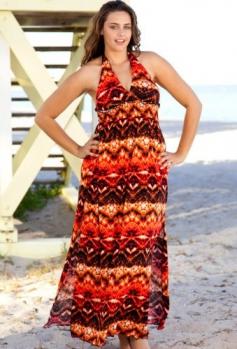 Beach Belle® Beach Belle Plus Size Red Aztec Halter Maxi Dress - Women's Swimwear Plus Size Swimsuits - Beach Belle® Beach Belle Plus Size Red Aztec Halter Maxi Dress - Women's Swimwear Plus Size Swimsuits    ID: 1593Fit and Flatter Solutions: V-ne