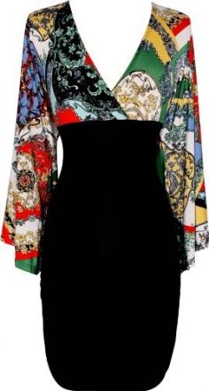 Bat Wing Sleeve Dress Junior Plus Size - Bat Wing Sleeve Dress Junior Plus Size      Playfully designed but career-smart, this dress creates a flattering silhouette wih flowing gypsy sleeve print empire top and streamlined black skirt with side ruchi