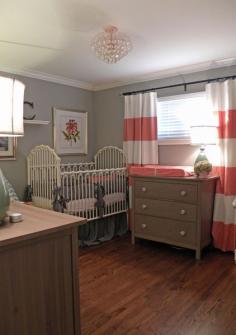 love this vintage nursery - switch out the single color pink to yellow, orange or turquoise for a gender neutral nursery