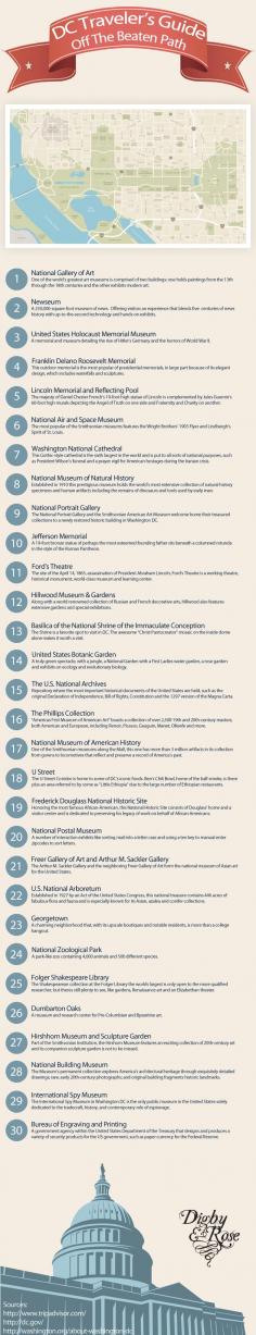This infographic below outlines some of the many things to do while visiting Washington DC that are off the beaten path. These sights are for the non-traditional traveler who wants to explore some of the DC areas best kept secrets....perfect for our next trip!
