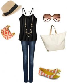 Bring your jeans and tank into the summer season with a few pops of color. The striped flats and decorated bangle will keep the look from being too wintery, illustrating how changing a few accessories can completely update a look. The white tote against the dark clothes will create an eye-catching contrast and the fedora and sunglasses will make sure that this outfit works for a sunny summer day.