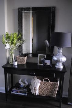 entryway table inspiration...a little too cluttered for me but I like the table & the idea. Hmmm.