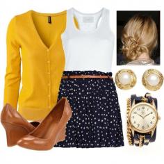 Nice look with polka dot skirt! Instead of heels those would be cute flats in the same color!:)
