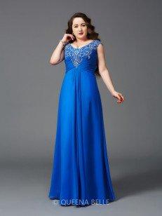 A-Line/Princess Straps Beading Floor-Length Short Sleeves Chiffon Plus Size Dresses