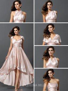 Sheath/Column Sleeveless Asymmetrical Silk like Satin Convertible Dresses