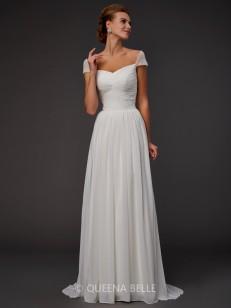 A-Line/Princess Short Sleeves Sweetheart Beading Sweep/Brush Train Chiffon Dresses
