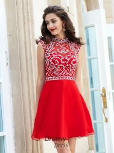 A-Line High Neck Sleeveless Short Chiffon Dress with Beading