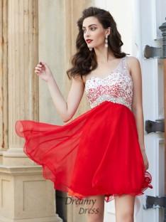 A-Line One-Shoulder Sleeveless Chiffon Short Dress with Beading