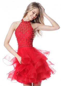 2017 Chic Beaded Halter Neck Red A Line Tiered Senior Graduation Prom Dress
