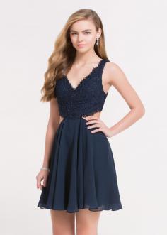 Lovely V Neck Lace Side Cutouts Open Back Navy Blue Homecoming Dress