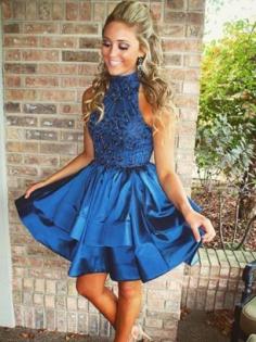 Royal Blue Taffeta High Neck A-line/Princess Short/Mini Dresses