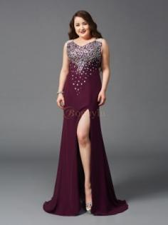 Burgundy Chiffon Straps Sheath/Column Sweep/Brush Train Prom Dresses