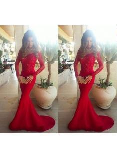 2017 Sexy Sleeves Long Gowns Off Shoulder Evening the Mermaid Red Lace Long Prom Dresses