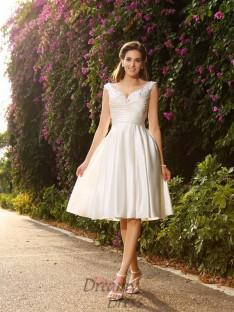 A-Line/Princess V-neck Satin Tea-Length Wedding Dress
