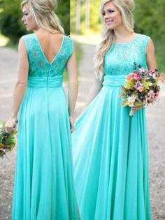 A-Line/Princess Scoop Floor-Length Lace Chiffon Bridesmaid Dresses