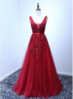 $89 A-line Puffy V-Neck Elegant Lace-Appliques Backless Long Evening Dresses