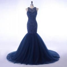 Elegant Navy Blue Rhinestone Beading Top Tulle Mermaid Evening Prom Dress 2018 [PS1708] - $218.99 :