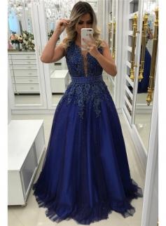 $189 2018 Royal Blue Beads Appliques Prom Dress Sleeveless Sheer Back Formal Evening Dress with Bowknot