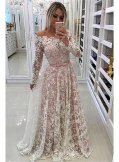 $179 2018 Lace A-line Long Sleeves Evening Gowns Off-the-Shoulder Prom Dresses with Buttons