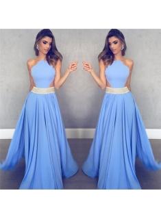 $159 Sleeveless Sheer Back Sexy Formal Dresses Cheap 2017 Blue Crystals Beads Belt Evening Gowns