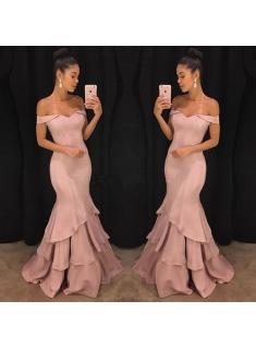 $139 Pink Off-the-Shoulder Mermaid Prom Dresses 2018 Tiered Simple Evening Gowns