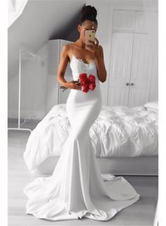 $156 Simple Mermaid Spaghetti-Straps Evening Dresses 2018 Appliques Court Train Formal Dresses