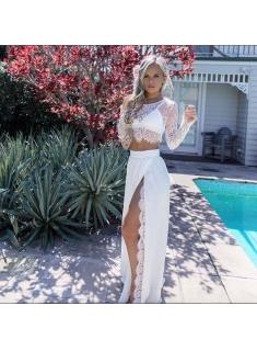 $114 High Neck Two Piece Formal Dress Cheap 2018 Lace Split Long Ball Dress 