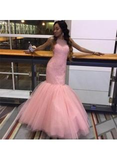 2018 Pink Mermaid Tulle Prom Dresses Sleeveless Halter Evening Dresses