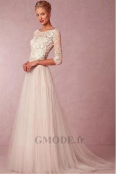 Robe de mariée avec Cadrage aux genoux Manches A-Line Applique V