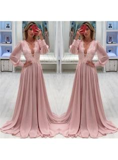 Pink Chiffon Bubble Sleeves Sexy Evening Dresses | Sexy V-neck Cheap Formal Dresses 2019