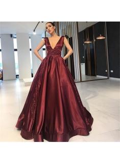 Burgundy A-Line V-Neck Sexy Evening Dresses | 2019 Sleeveless Appliques Prom Dresses