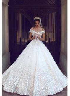 Weiß Brautkleid Spitze Schulterfrai Prinzessin Hochzeitskleider Brautmoden Günstig