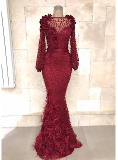 Fashion Abendkleider Lang Spitze Rot | Abiballkleid Mit Ärmel