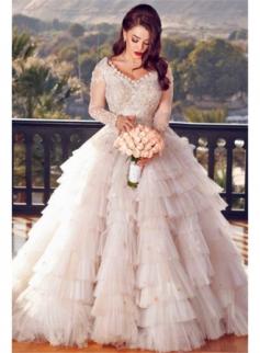 Elegant Long Sleeves Ruffles Bridal Gowns Cheap | V-Neck Ball Gown Appliques Wedding Dresses