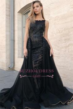 Black Lace Overskirt Prom Dresses | Cheap Sheath Sleeveless Evening Dress 2019