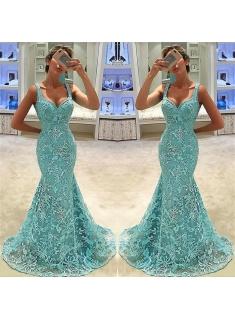 Sexy Mermaid Lace Formal Dresses | Appliques Sweep Train Sleeveless Evening Gown Long