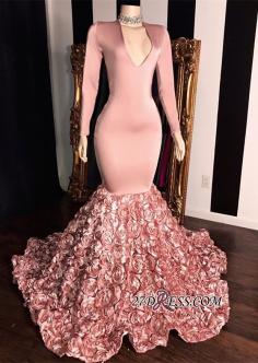Elegant Long Sleeve Pink Prom Dresses | 2019 Mermaid Flowers Bottom Evening Gowns