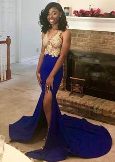 Straps Train Appliques Fashion Evening Dresses | Front Split Sleeveless Cheap Prom Dresses