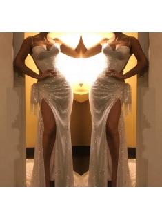 Abendkleider Lang Weiß Günstig | Elegante Glitzer Abendkleid