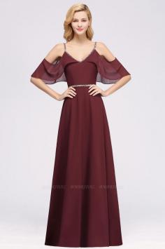 elegant A-line Chiffon V-Neck Spaghetti Straps Sleeveless Floor-Length Bridesmaid Dresses with Beading Sash | BmBridal