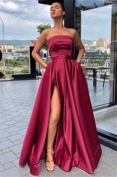 Trendy Burgundy Maroon Strapless Side-Split A-Line Evening Dress UK | www.27dress.co.uk