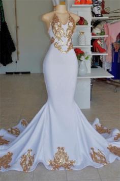 Halter Sexy Low Cut Summer Sleeveless Gold Appliques Prom Dress | Suzhou UK Online Shop | Suzhoudress.co.uk